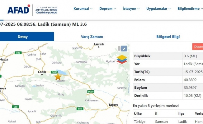 Samsun Ladik’te 3.6 büyüklüğünde deprem